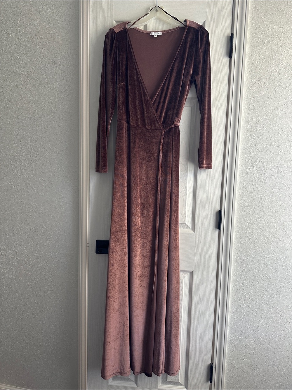 Long Sleeve Velvet Wrap Maxi Dress in Dusty Rose